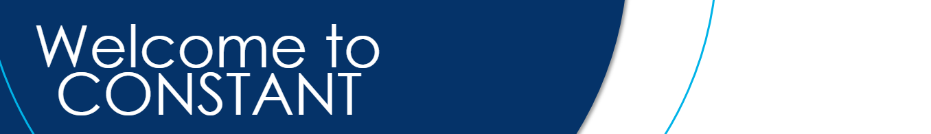 "Welcome to CONSTANT" set on a half circle dark blue background with light blue border