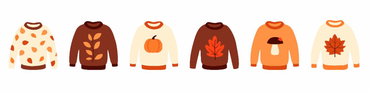 Banner of fall oriented sweaters with leaves, pumpkins, etc. All sweaters are brown or orange.