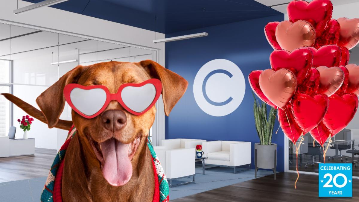 CONSTANT Connections background with dog wearing heart glasses and heart balloons