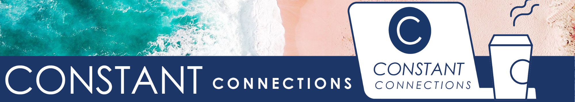 Navy blue title saying "CONSTANT Connections" with a white laptop featuring a CONSTANT circular C logo. Background is beach waves.