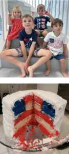 Two images stacked on top of each other. Top image is Michelle Constant's family and bottom image is a cake cut into that is decorated like an American flag.