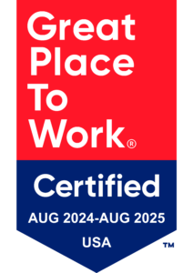 Great Place to Work Certified. August 2024-2025. USA. Features badge that is rectangular, opening into a triangle bottom. Red and navy blue.