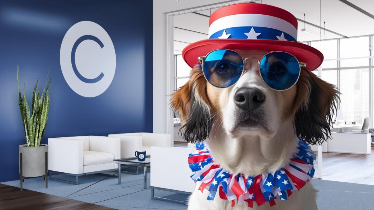 Image of office background tailored to CONSTANT's navy blue branding. Features a puppy spotlighted that has a fourth of july hat and necklace while wearing blue sunglasses.
