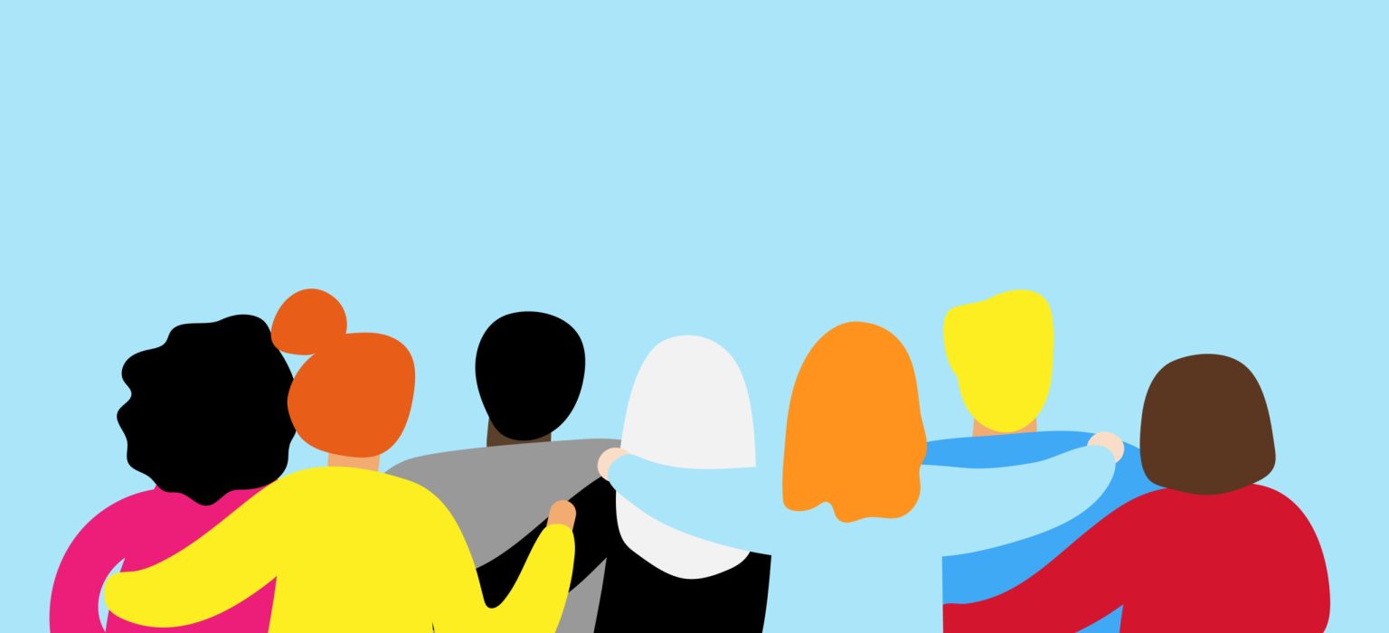 Friends forever. Friendly group of people stand and hugging together with their backs. Bright colored illustration for event celebration Greeting card Startup business Web banner. EPS10 vector