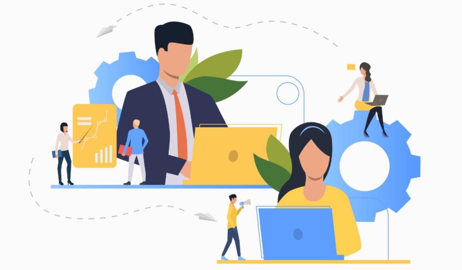 iStock-1131290648 Stock image showing individuals on a laptop tracking against graphs and metrics.