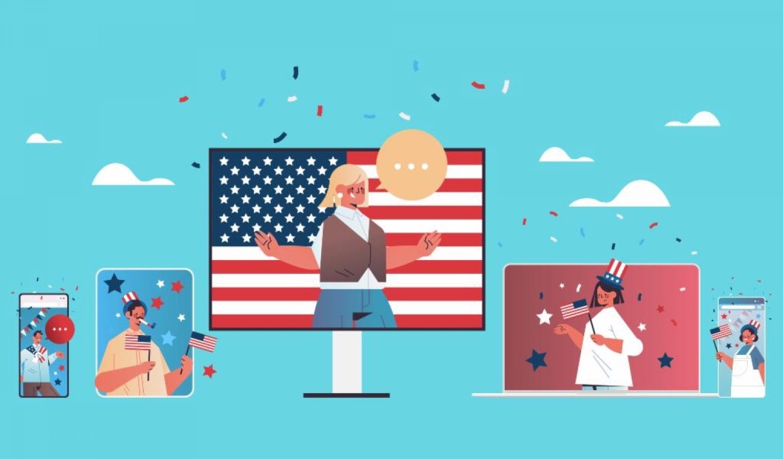 Clip art image featuring phone, iPad, TV, laptop, and phone with screens of animated characters wearing fourth of july gear.