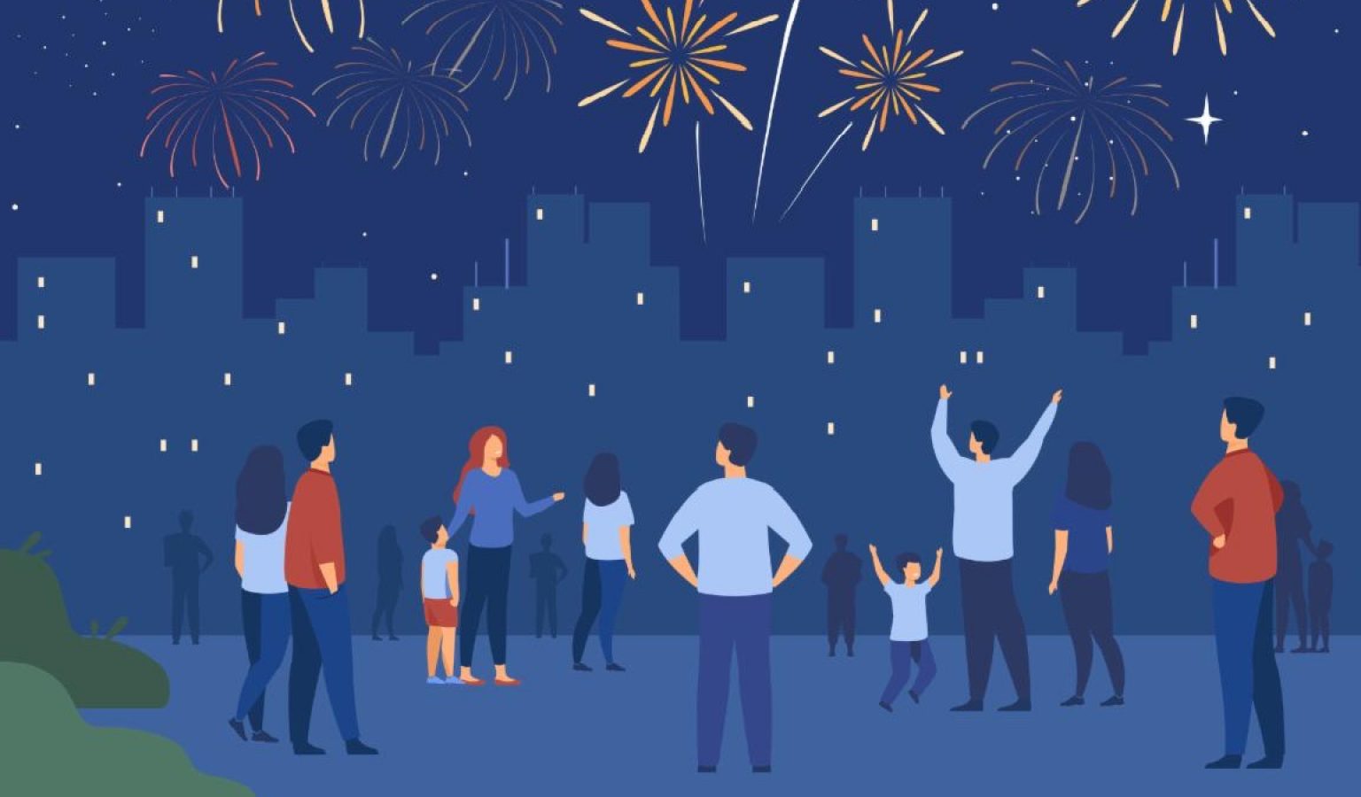 Stock image showing a group of people celebrating fireworks being displayed over a city