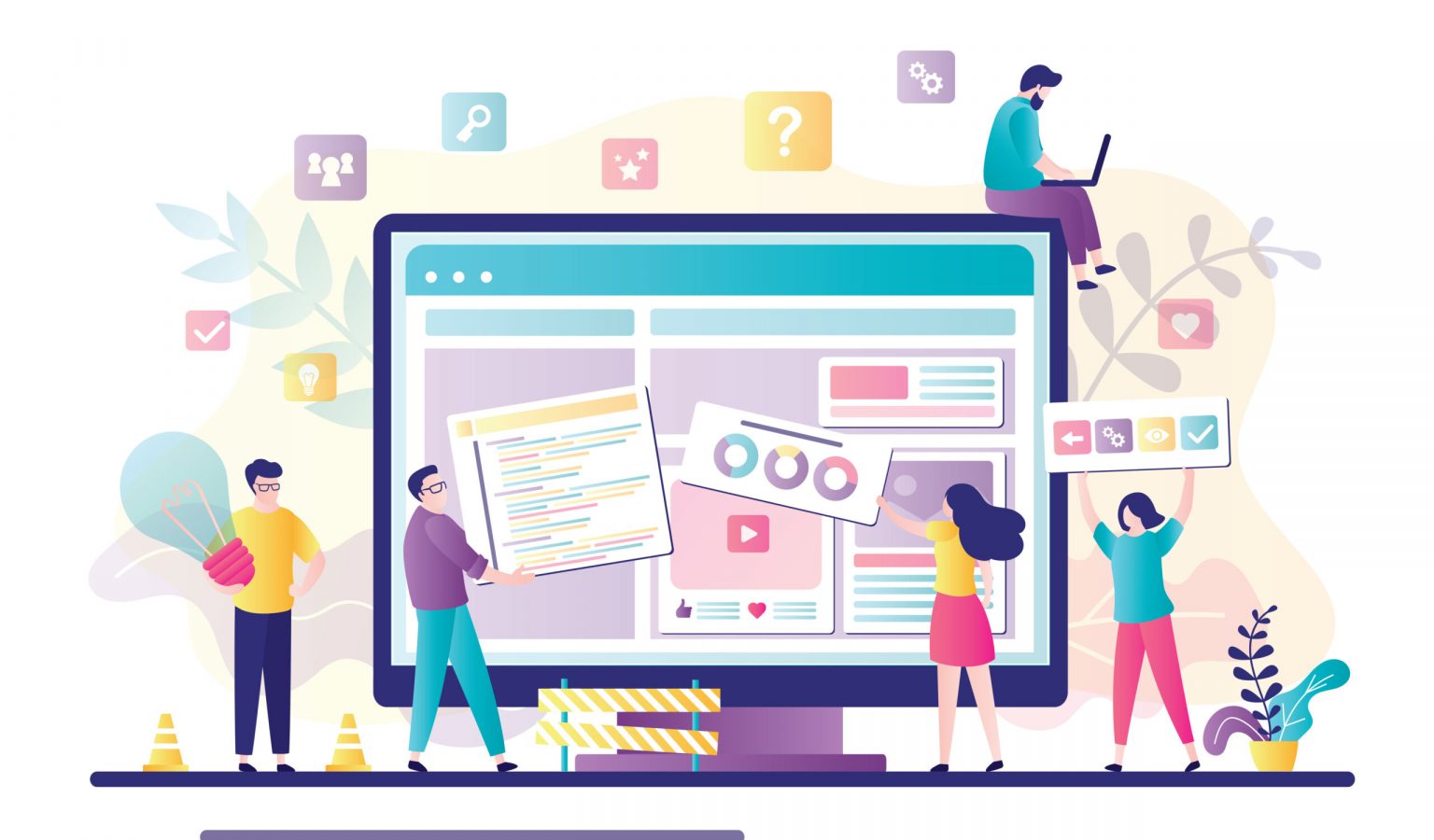 Business team working together on web page design. People building website interface on computer. Web development, teamwork, new internet project. Characters in trendy style. Flat vector illustration