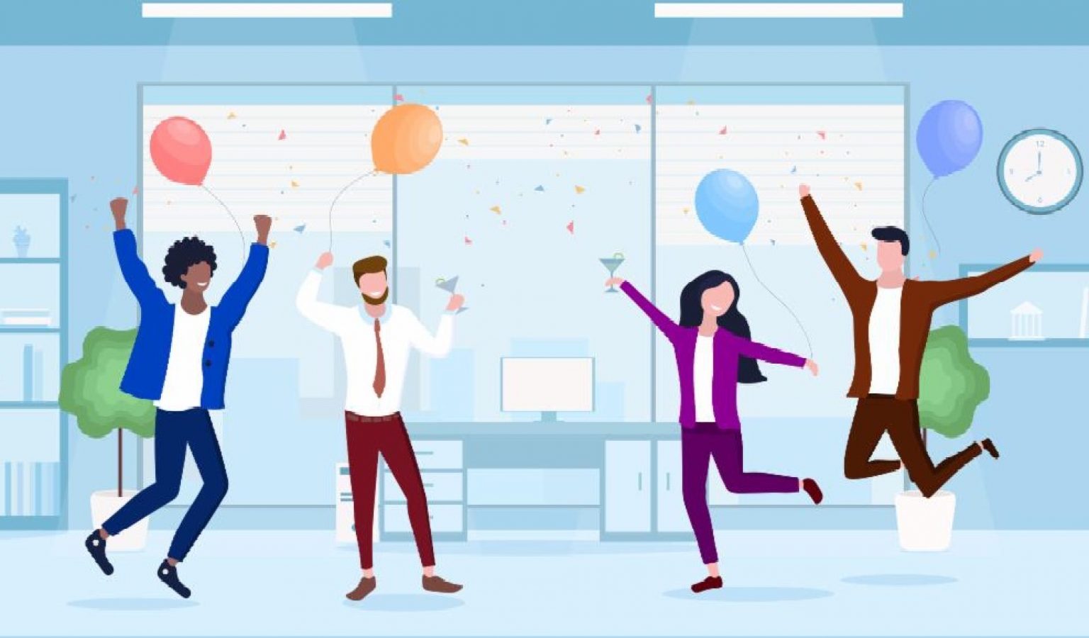 iStock-1266824711 Stock image showing team members in an office jumping with balloons