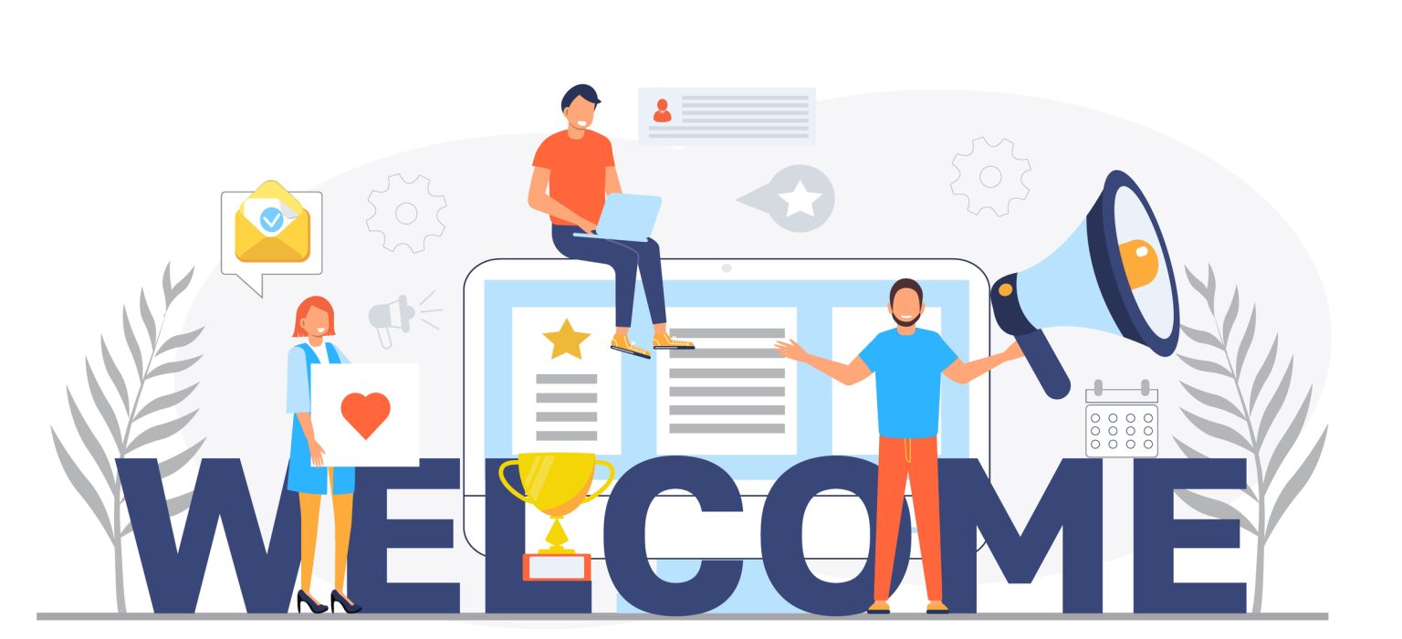 Welcome concept flat vector foe website. Happy tiny people are near huge text. Cartoon office teamwork and are greeting clients in online office, shop, co-working.