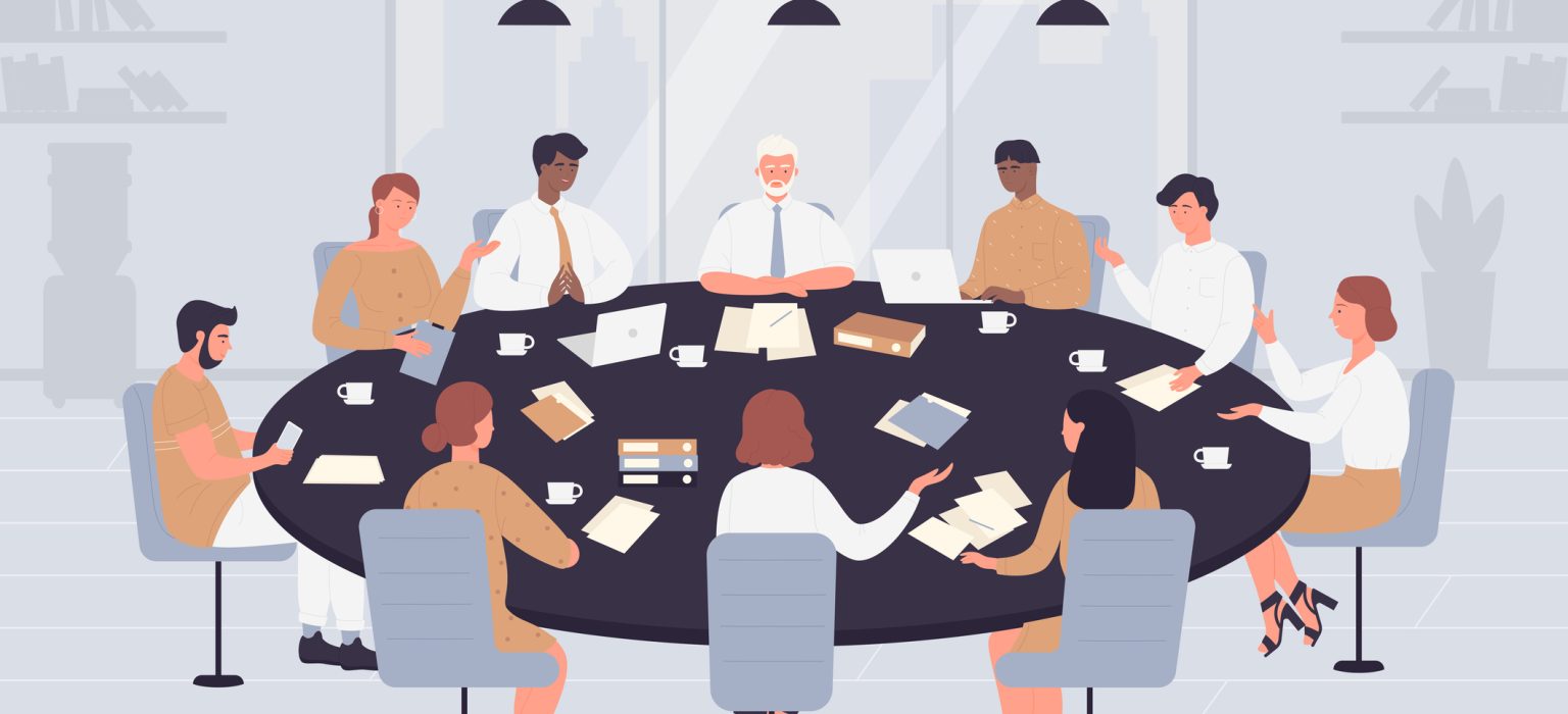Negotiation table vector illustration. Cartoon politicians, directors or corporate leaders people negotiate, sitting at circle table in office conference hall, boardroom or meeting room background