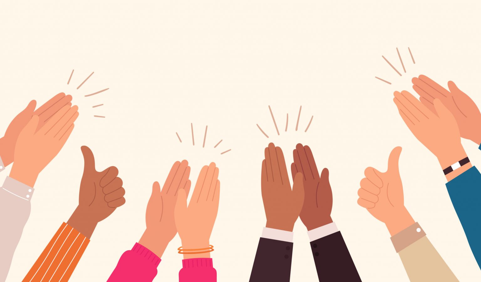 Human hands clapping. People crowd applaud to congratulate success job. Hand thumbs up. Business team cheering and ovation vector concept. Illustration support celebration, appreciation friendship