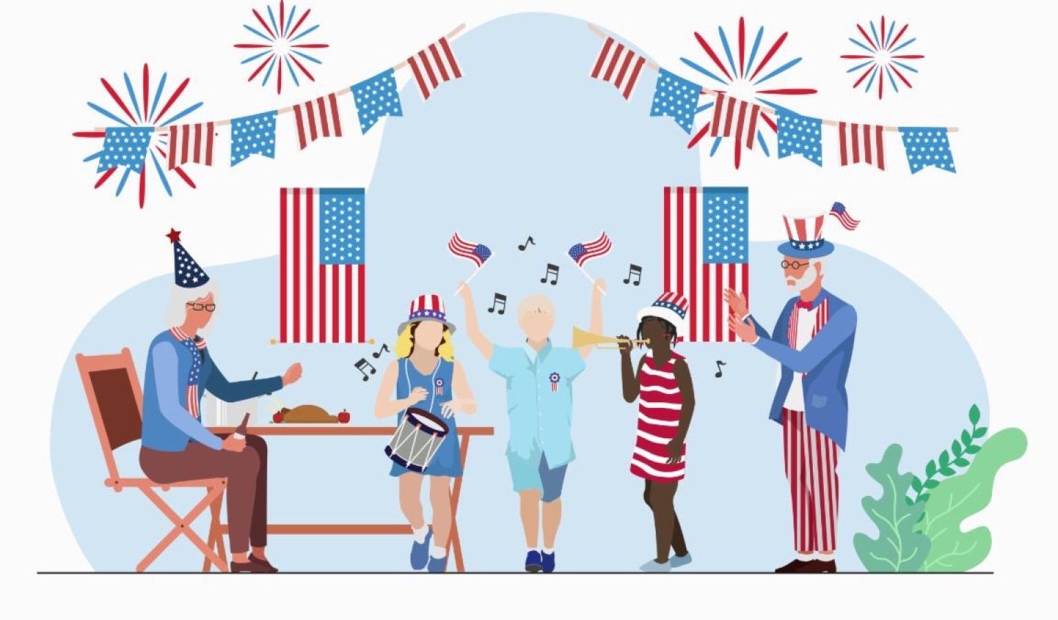 Animated image featuring American flags, individuals playing instruments, etc.