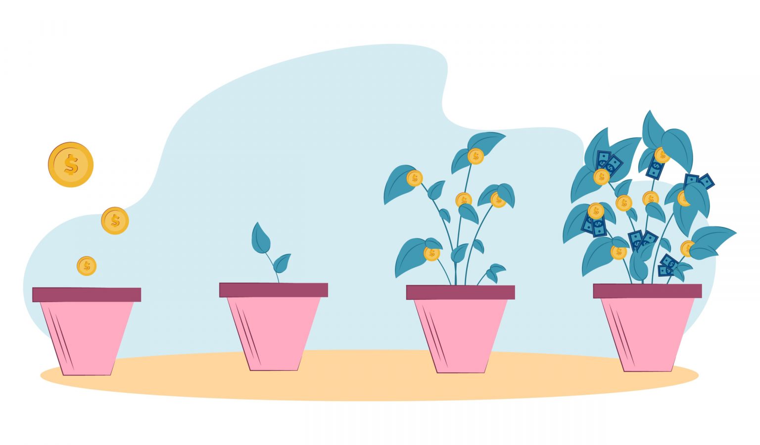 Phased growth of a money tree from gold coins in a pot. Business investment and income growth concept. Saving and increasing money. Vector flat illustration.
