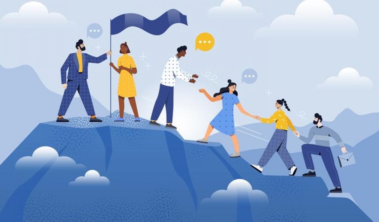 iStock-1341934330 Stock image showing people collaborating to climb a mountain and reach the top.