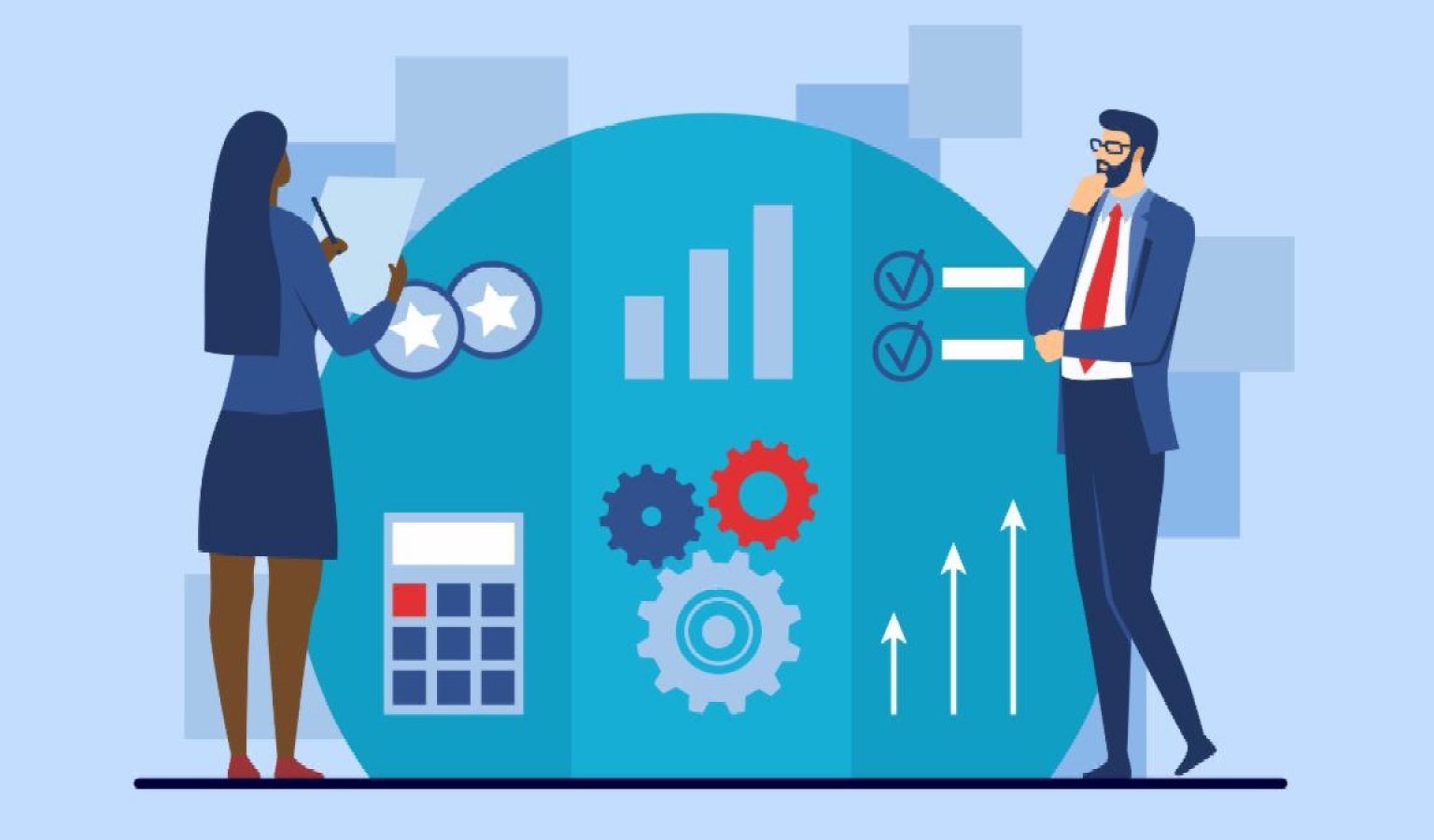 iStock-1350055899 Stock image showing business people in suits looking at a calculator, metrics, etc.