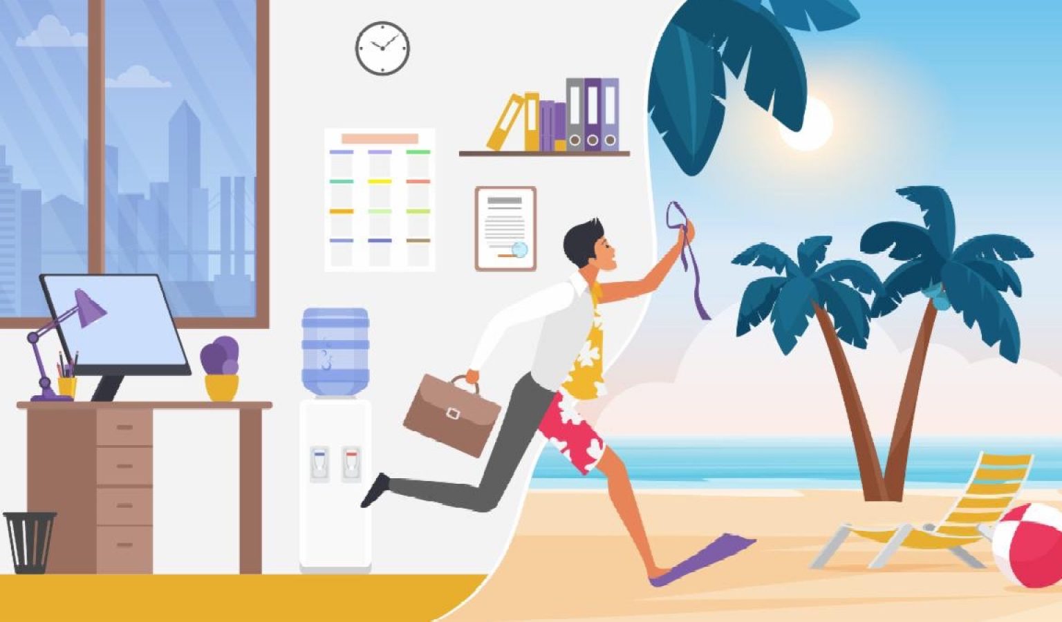 Stock image of cartoon person running from the office to a beach