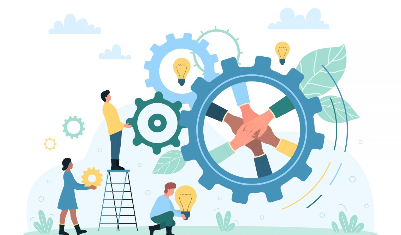 Effective cooperation of strong dedicated team, enterprise development and teamwork vector illustration. Cartoon tiny people holding light bulbs and working with moving gears, collaboration of workers