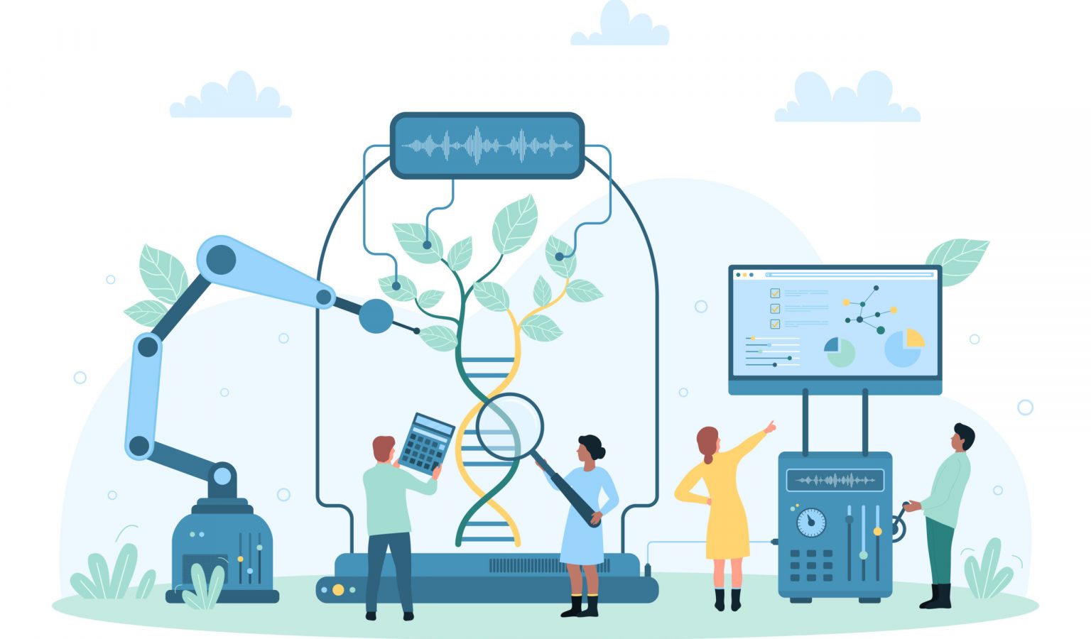 Biotechnology, futuristic science research vector illustration. Cartoon tiny people engineering green plant from helix of DNA, using robots and scientific laboratory equipment for lab biotech tests