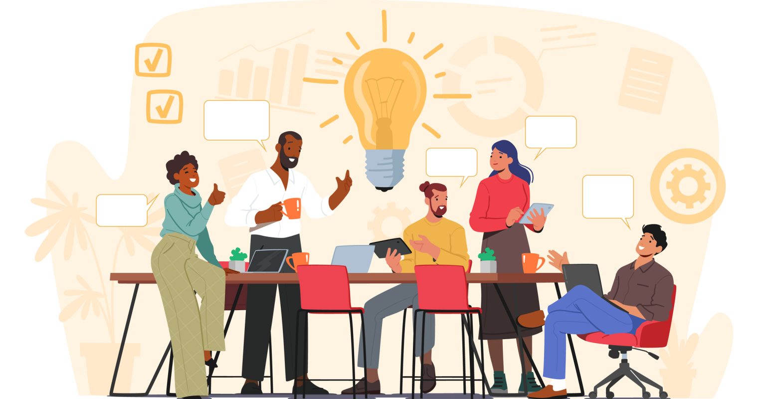 Brainstorming Team Concept. Business People Discussing Idea on Board Meeting in Office. Teamwork Project Development Process. Employees Work on Laptops and Communicate. Cartoon Vector Illustration