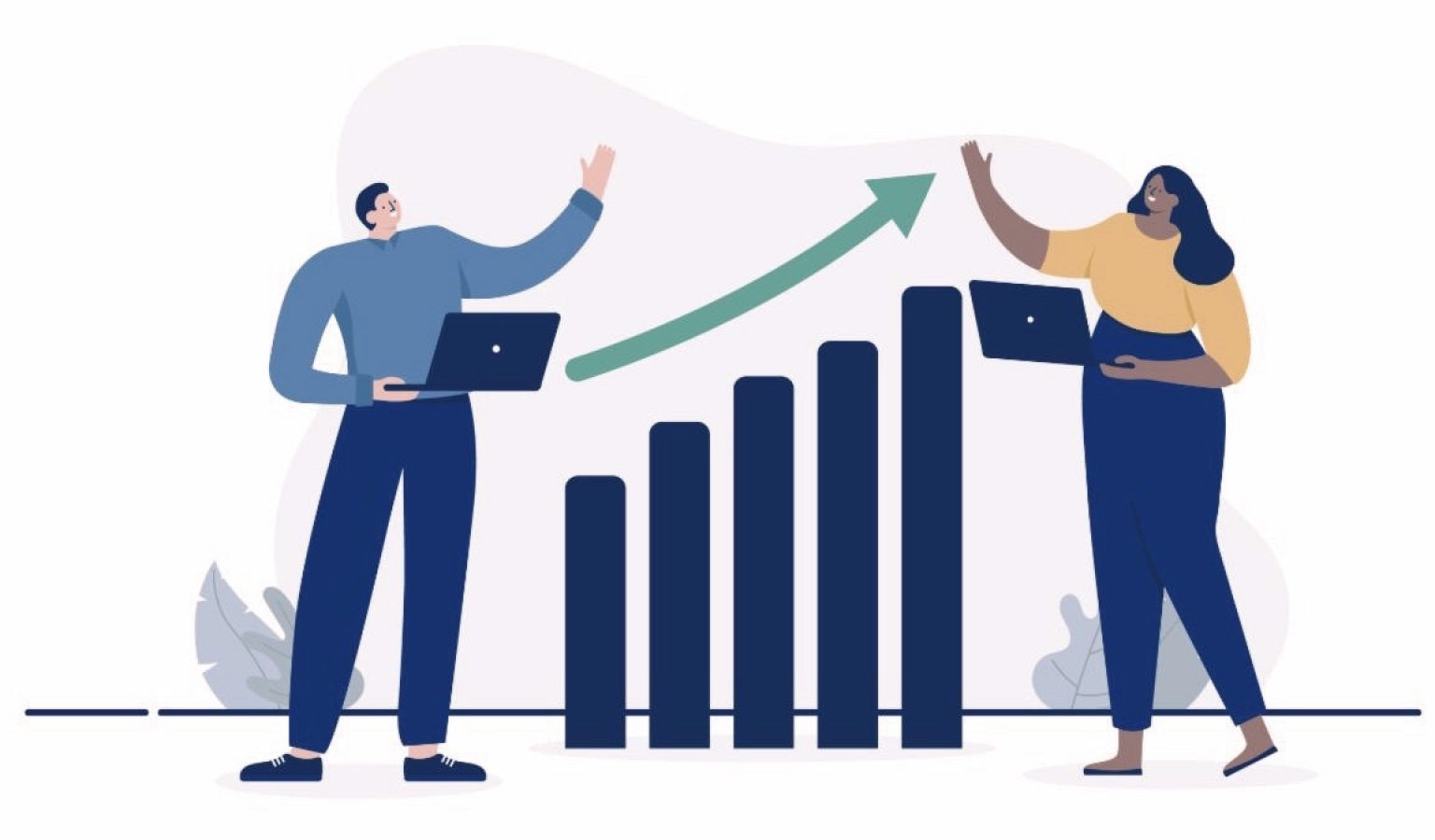 iStock-1466778198 Stock image showing an increasing bar chart with multiple bars. A man stands at one end and a woman at the other, with a green arrow showing upward progression.