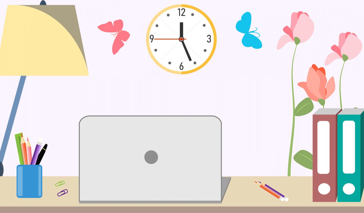 desktop with a wall decorated with flowers and butterflies and a floor lamp and clock and a work table with a laptop, pen and folders.