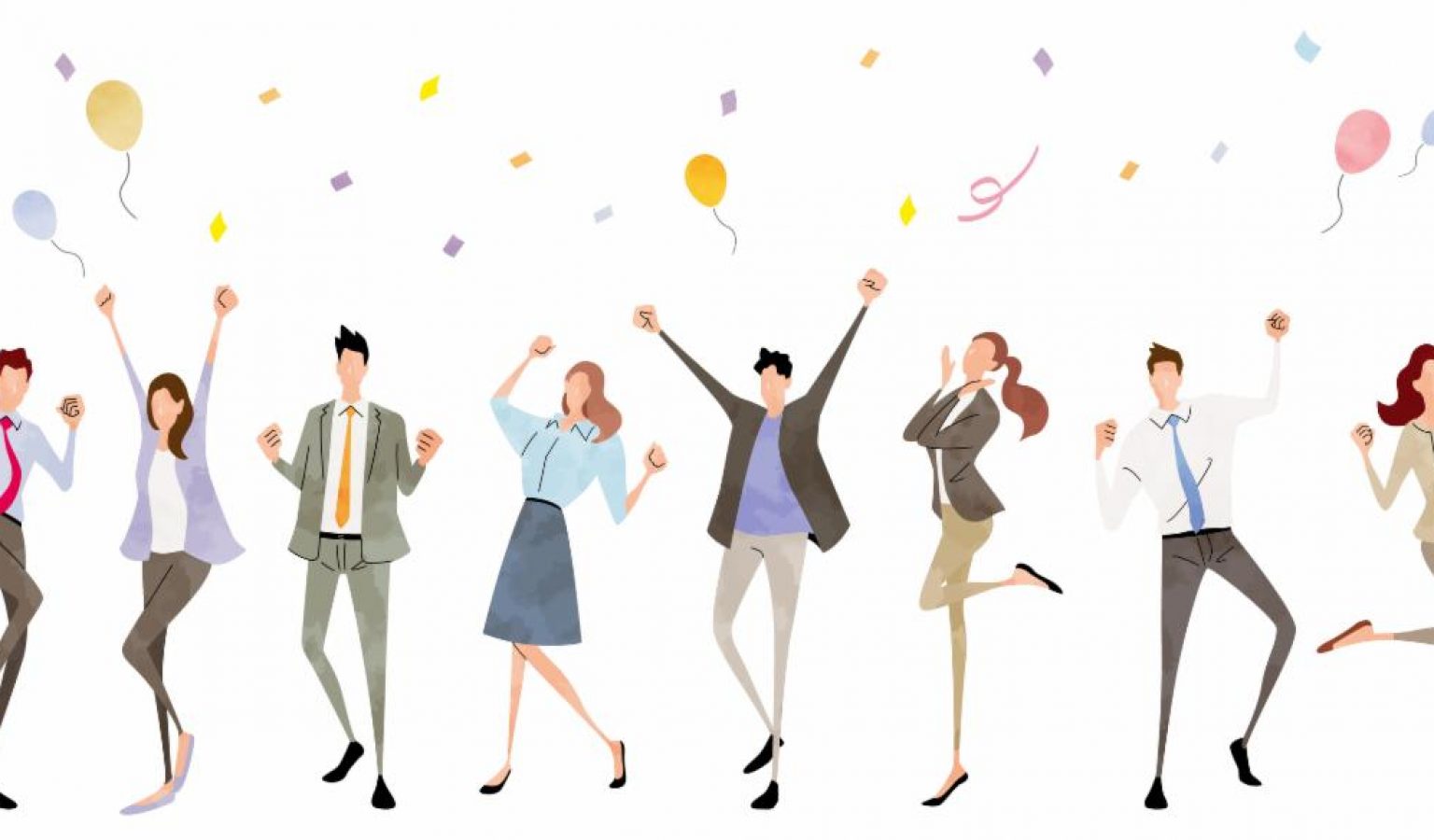 Group of eight cartoon business people cheering in various dance/celebration positions. Confetti background.