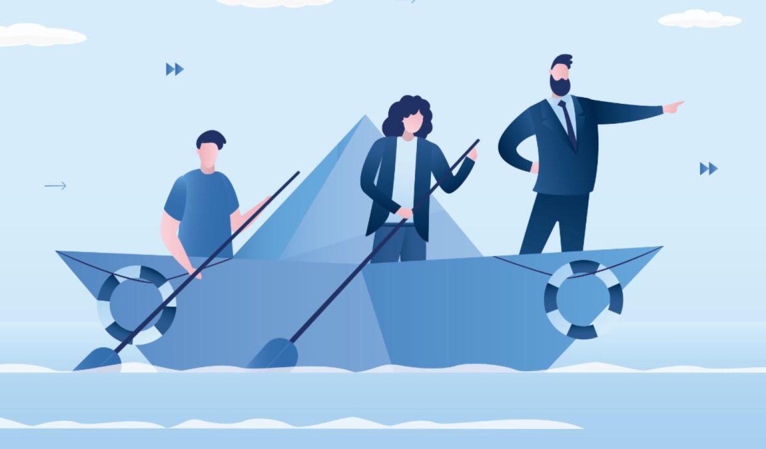 iStock-1473732532 Stock image showing three individuals on a boat, rowing toward shore.