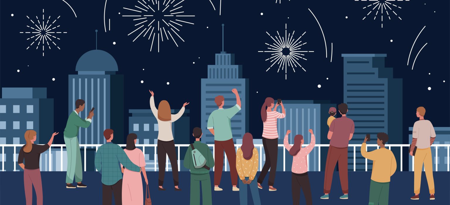 Celebration firework concept. Men and women stand on bridge and look at night sky with flashes and explosions. Holiday and festival. Party at city or town. Cartoon flat vector illustration