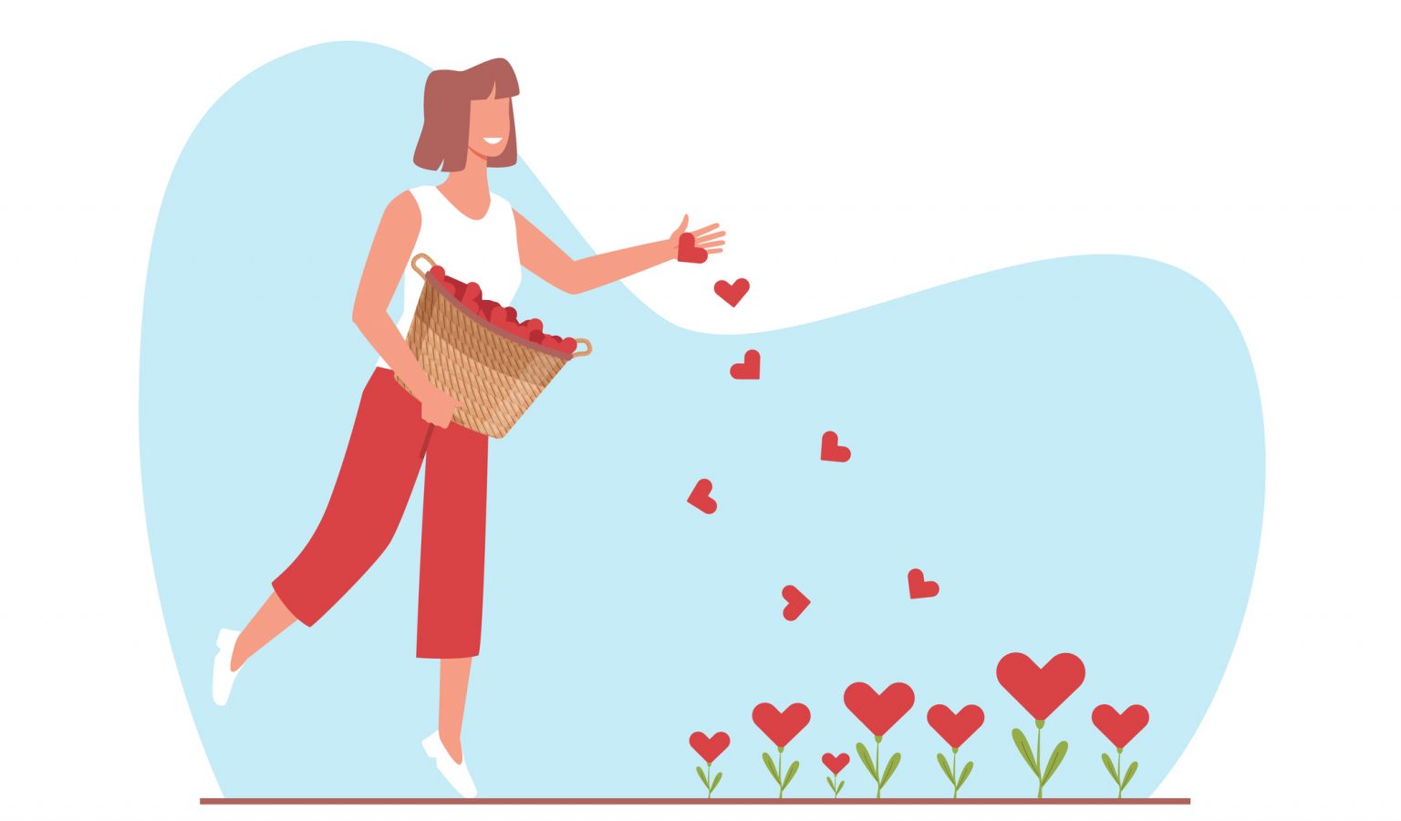 Joyful girl sows hearts as symbol of love and peace, hope and care. Adorable woman with basket. Romantic happy emotion. Red blossoms growing. Cartoon flat style isolated illustration. Vector concept