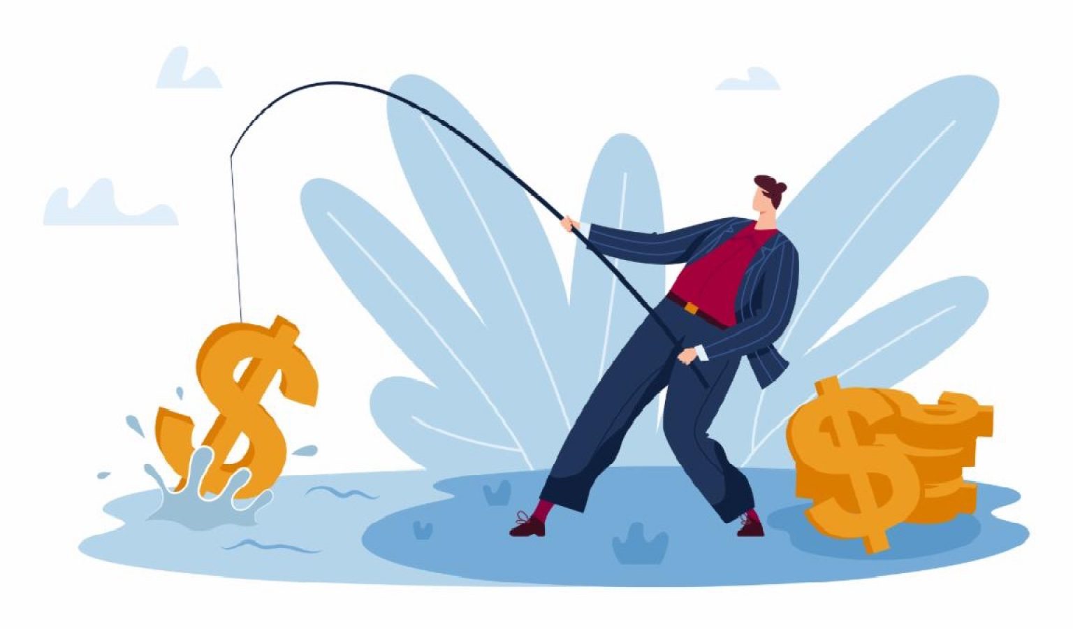 Stock image featuring a cartoon man fishing for a gold dollar sign.