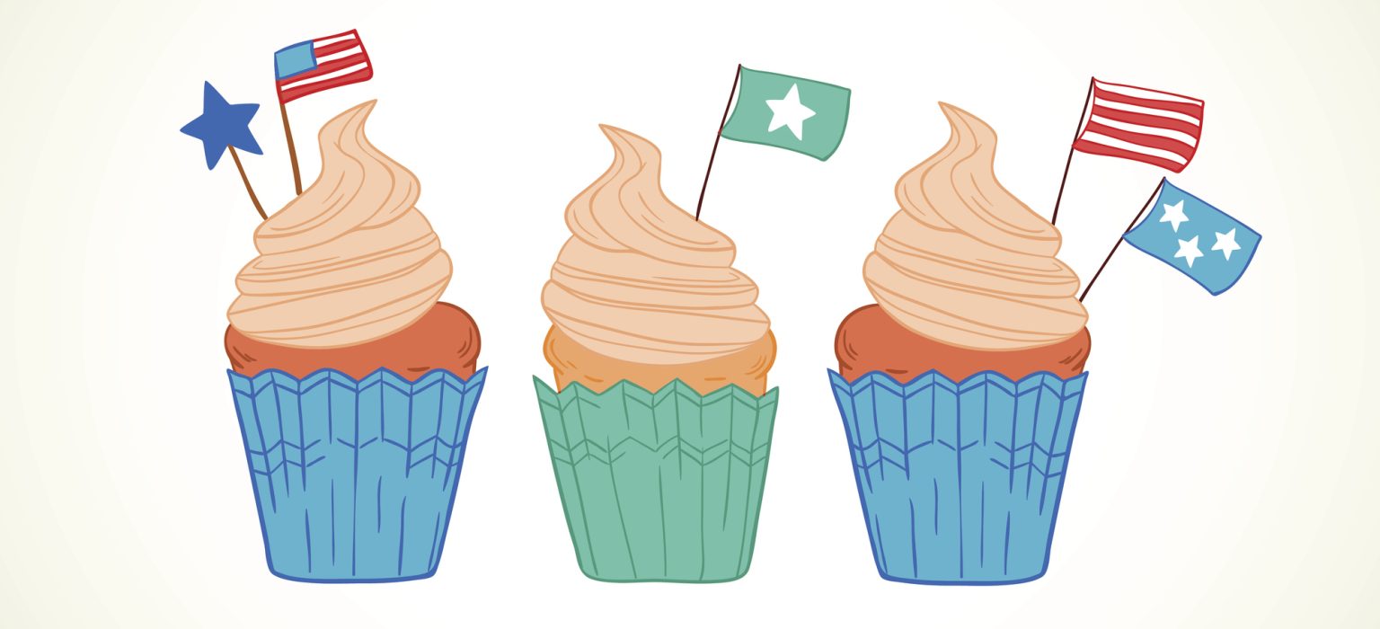 Hand drawn vector illustration - Sweet cupcakes with decorations (star, flags, usa). Independence day