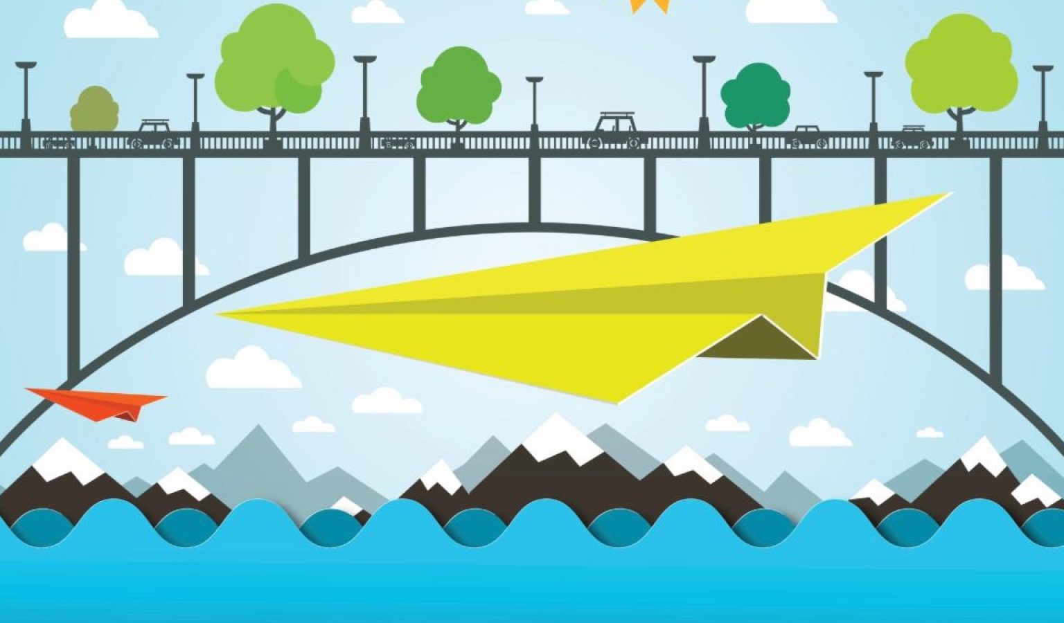 Stock image showing a paper airplane flying through a background that includes a mountain and ocean below it and a bridge above.