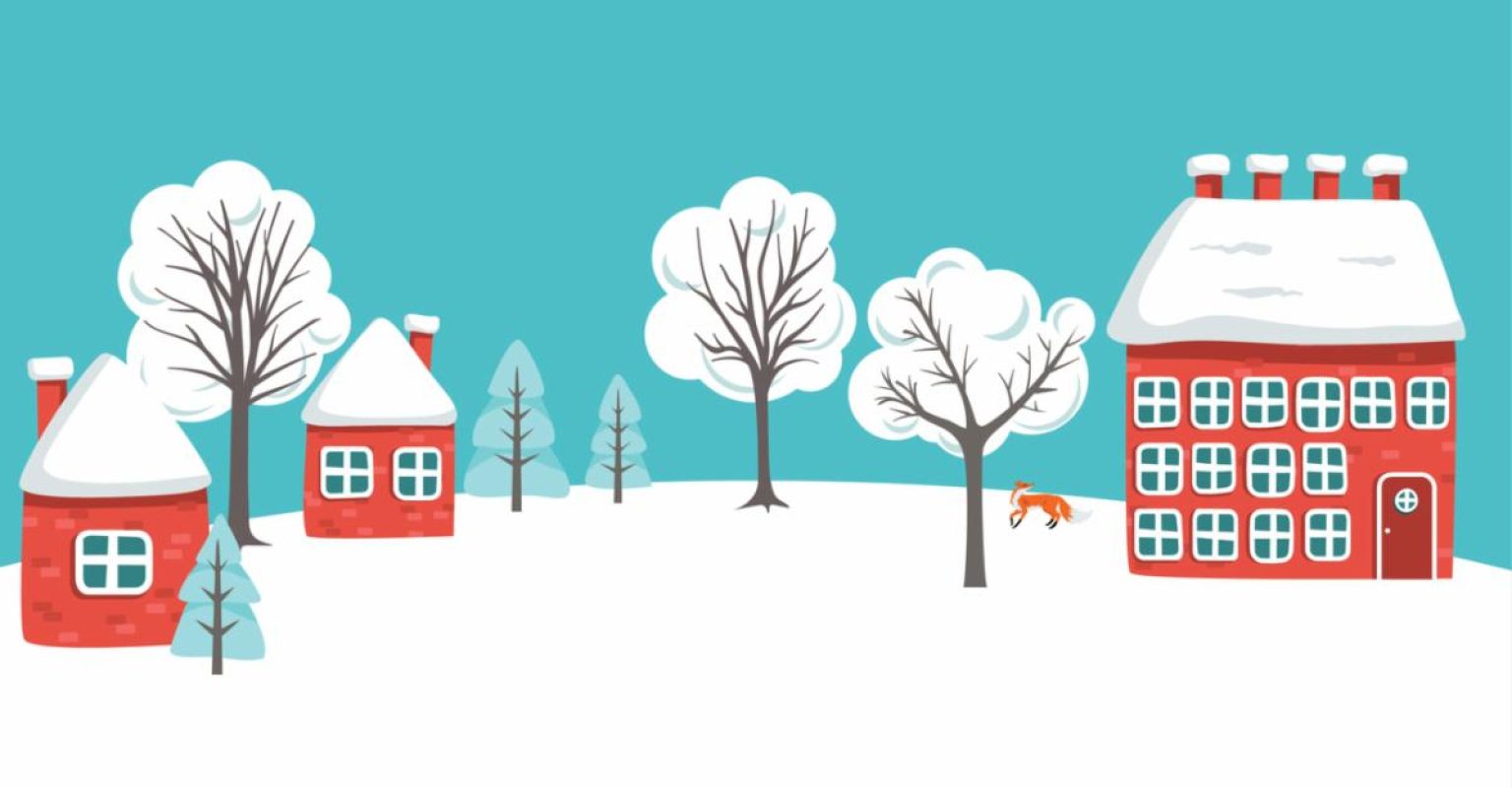 Cartoon image of winter scene - snow on ground and three red houses with trees
