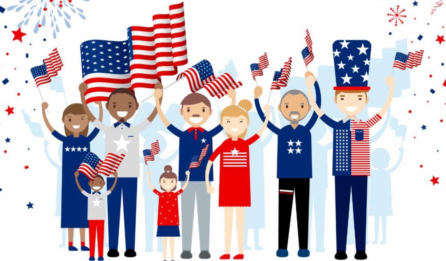 Animate image of individuals celebrating America while holding flags, wearing flag costumes, etc. All have their hands in the air.